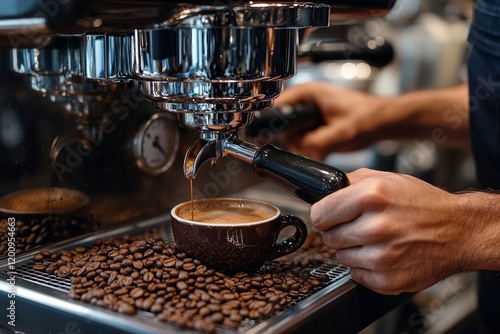 A barista grinds coffee beans in an elegant coffee shop. Generative AI