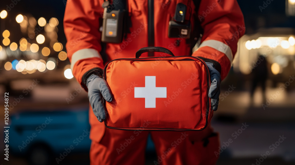 Emergency responder holding red first aid kit with white cross, ready for action. background features blurred lights, creating sense of urgency and preparedness