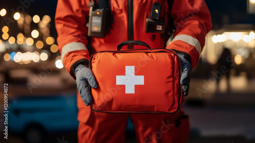 Obraz na płótnie Emergency responder holding red first aid kit with white cross, ready for action. background features blurred lights, creating sense of urgency and preparedness w salonie