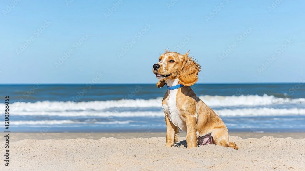 Young Brown and White Cocker Spaniel on the Beach, Adorable cocker spaniel loves the outdoors concept. Young Brown and White Cocker Spaniel on the Beach, Adorable cocker spaniel loves the outdoors concept.