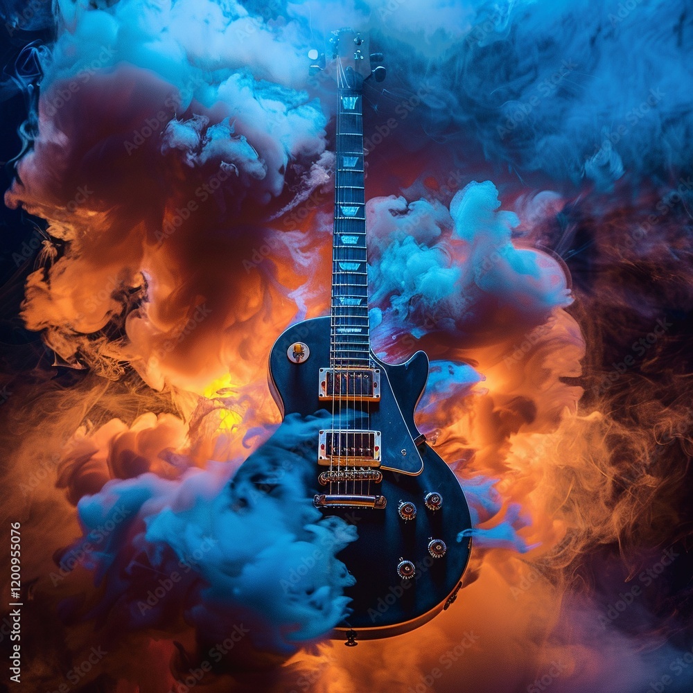 Obraz premium Blue and orange smoke filled around a guitar