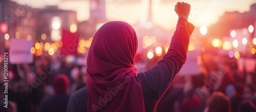 Woman in hijab protests in city at sunset