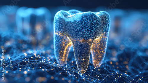 Glowing digital tooth model on network background.  Detailed 3D rendering of a human molar, showcasing dental health and technology.