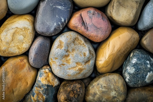 An abstract arrangement of weathered stones, each displaying unique textures and earthy tones photo