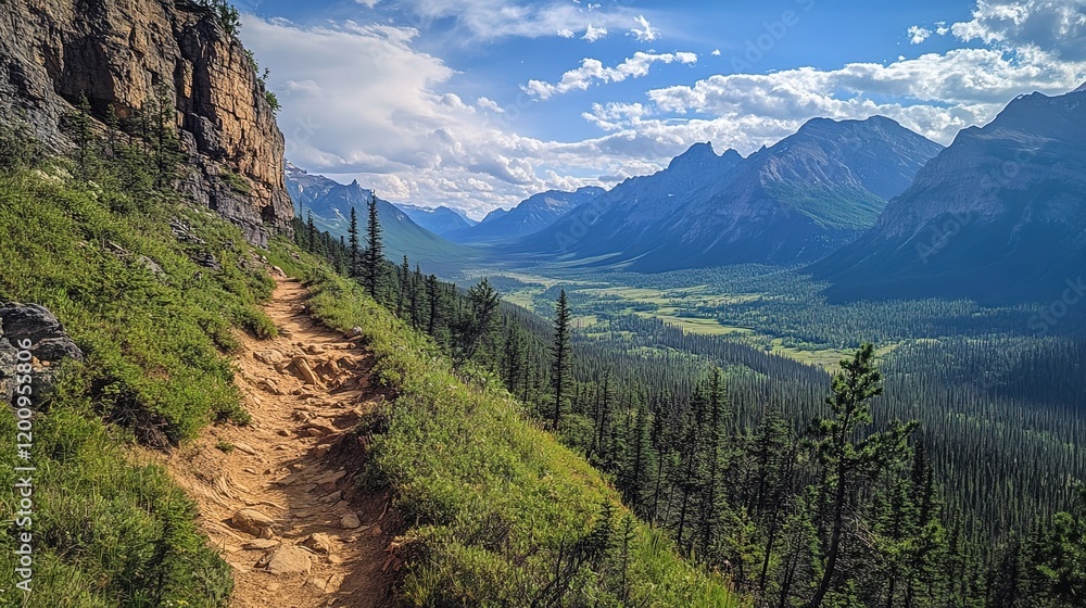 Obraz premium A rugged mountain trail with breathtaking views of a valley below