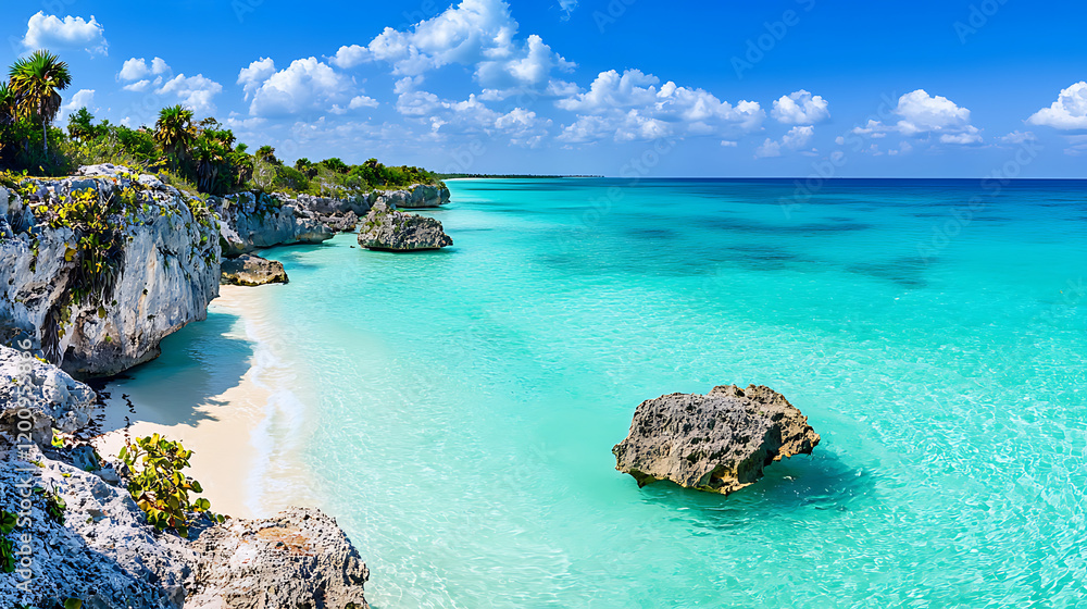Fototapeta premium panoramic shot of tropical beach with turquoise water, rocky coastline, and lush greenery under bright blue sky