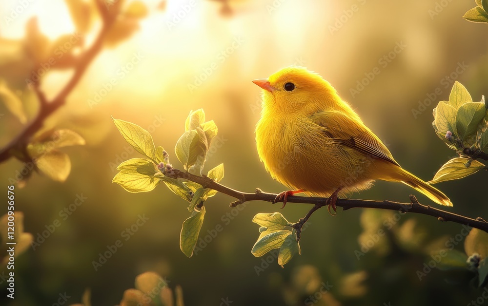 A bright yellow bird resting on a branch, surrounded by soft spring foliage and soft light filtering through leaves A bright yellow bird resting on a branch, surrounded by soft spring foliage and soft light filtering through leaves
