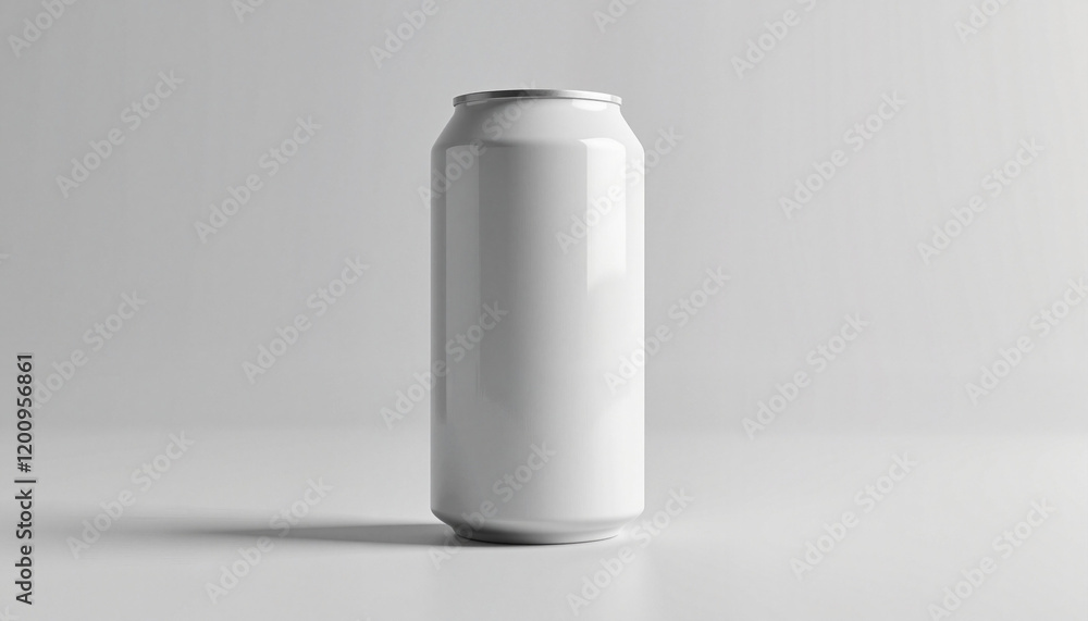 Minimalist White Aluminum Can on White Surface with Clean Studio Background with Copy Space Minimalist White Aluminum Can on White Surface with Clean Studio Background with Copy Space