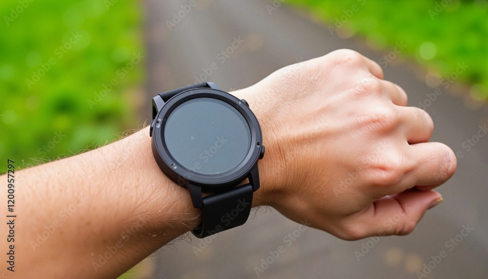 Black Modern Smartwatch on Wrist with Outdoor Nature Background Black Modern Smartwatch on Wrist with Outdoor Nature Background