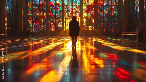 Woman silhouetted in cathedral with vibrant stained-glass light.