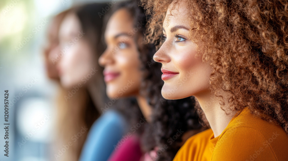 Side profile of a group of women of diverse ethnicities with cheerful expressions, wearing colorful outfits and bathed in natural light in a modern setting. Side profile of a group of women of diverse ethnicities with cheerful expressions, wearing colorful outfits and bathed in natural light in a modern setting.