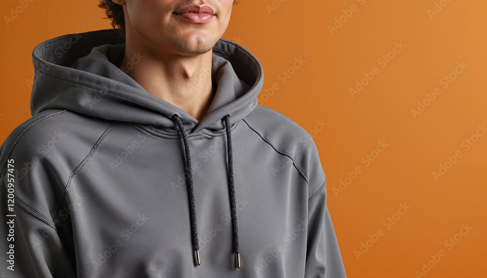 Minimalist Gray Hoodie Close-up with Drawstring Detail on Orange Background with Copy Space Minimalist Gray Hoodie Close-up with Drawstring Detail on Orange Background with Copy Space