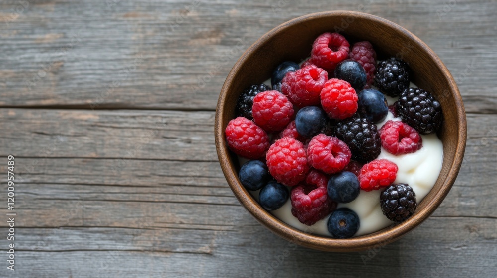 Bowl of yogurt with raspberries, blueberries, and blackberries on rustic wooden background. Bowl of yogurt with raspberries, blueberries, and blackberries on rustic wooden background.