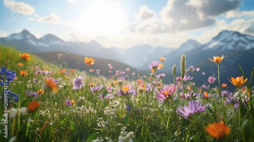 Fototapeta Naklejka Na Ścianę i Meble -  Vibrant wildflowers bloom in a mountain meadow landscape