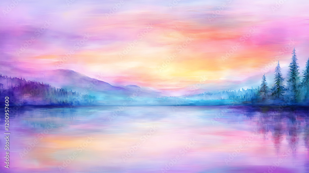 Fototapeta premium pastel evening sky over calm river reflects soft colors and serene mountains, creating tranquil atmosphere