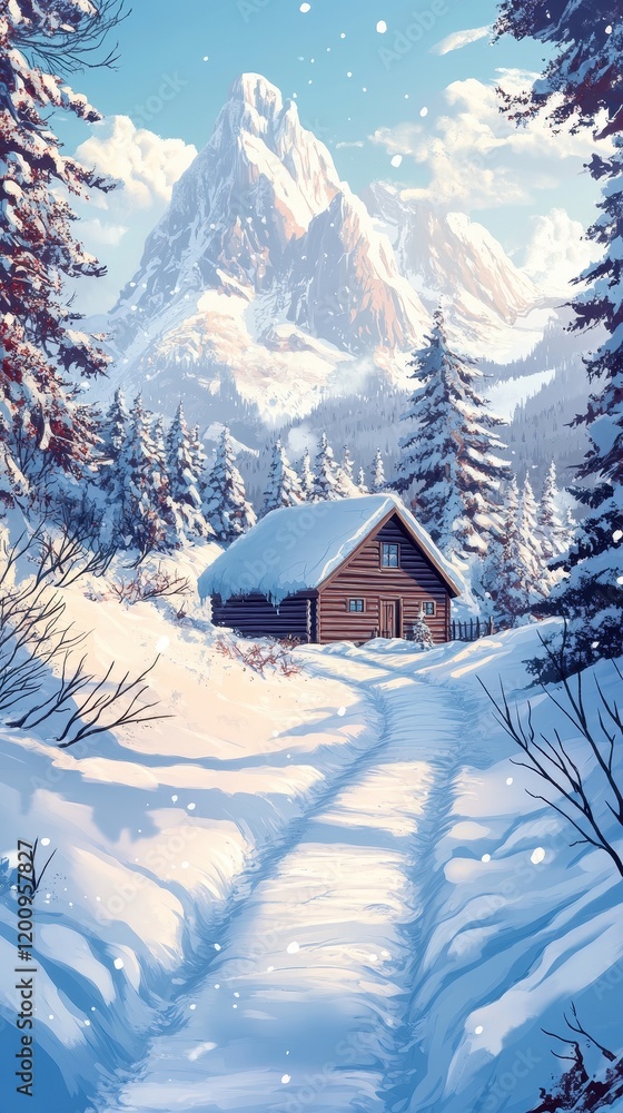 Naklejka premium Secluded Winter Cabin Mountain Landscape Scene