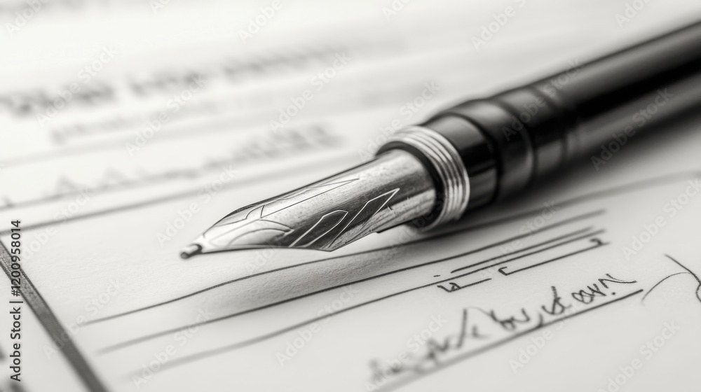 Close-up of a fountain pen resting on a document. Close-up of a fountain pen resting on a document.
