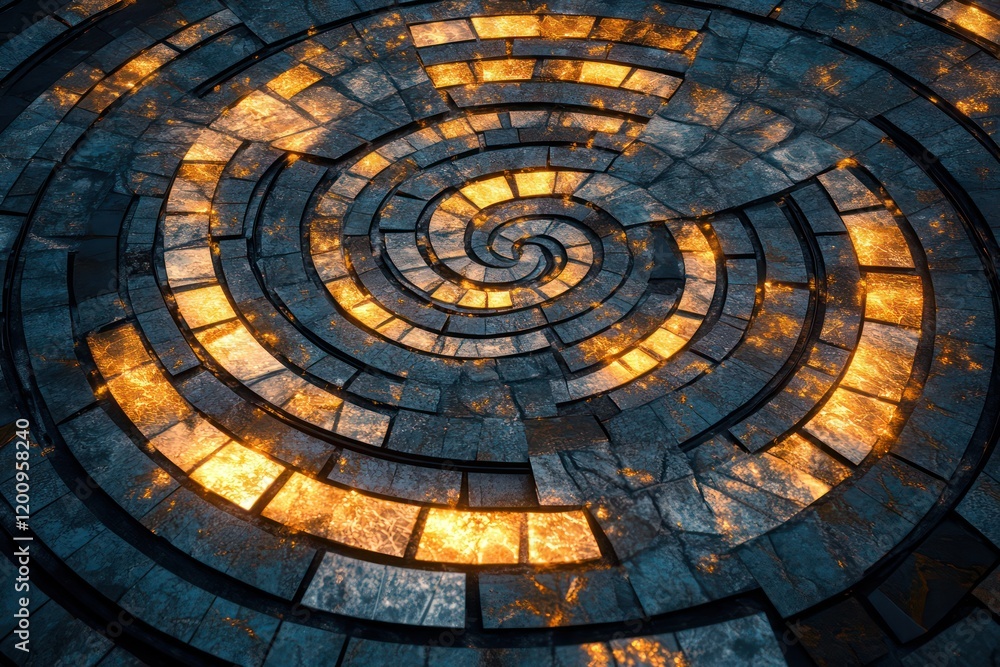 Fototapeta premium Circular mosaics of geometric tiles, glowing softly with radiant and intricate patterns