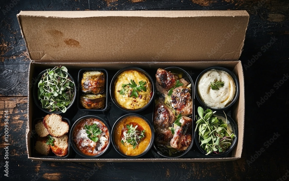 A collection of gourmet dishes packed in elegant containers, placed in an open delivery box on a rustic wooden table