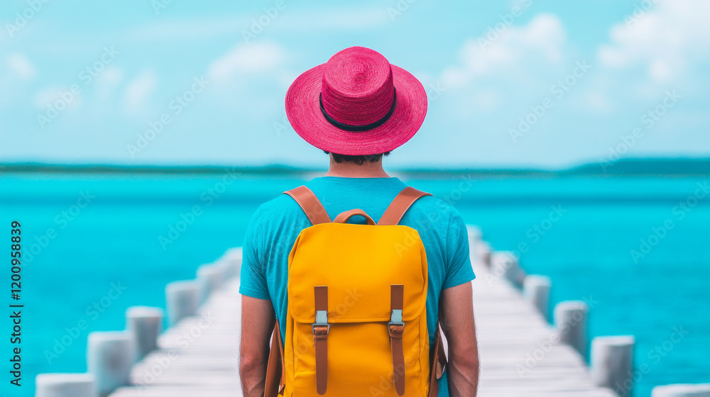 Fototapeta premium A person seen from the back wearing a bright pink hat and a yellow backpack while standing on a wooden pier by a vibrant blue sea.