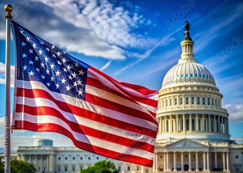 American Flag Waving Proudly Before US Capitol Building - Patriotic Landscape Stock Photo
