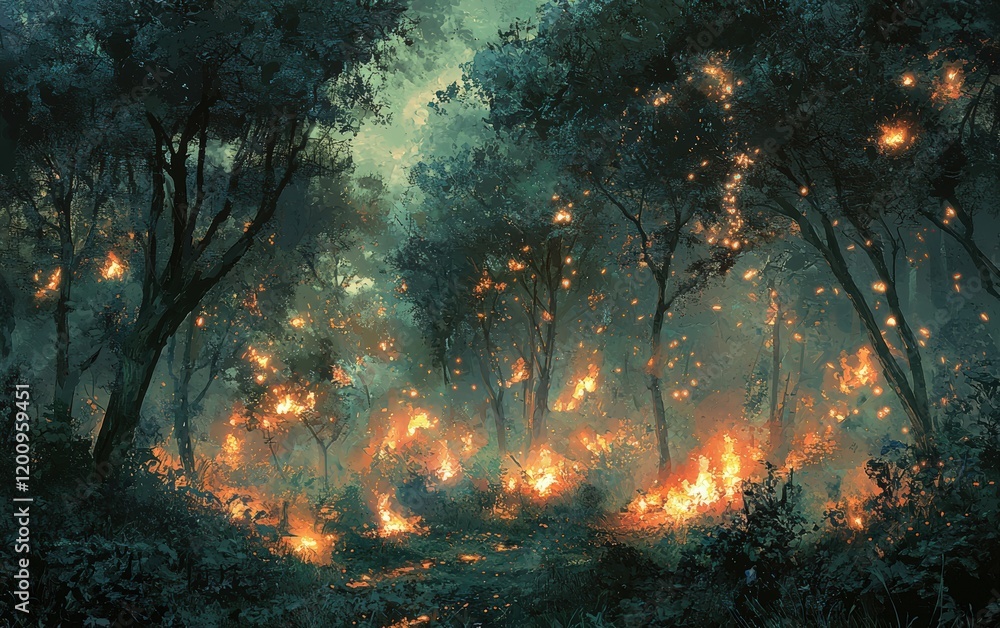 A dense forest ablaze, with burning tree branches and glowing cinders scattering in the wind A dense forest ablaze, with burning tree branches and glowing cinders scattering in the wind