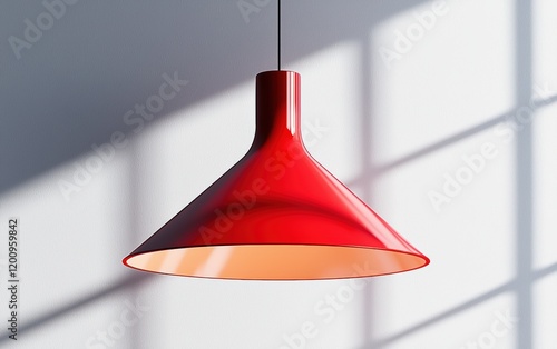 A bold red hanging light fixture with a sleek metallic shade, set on a white background photo