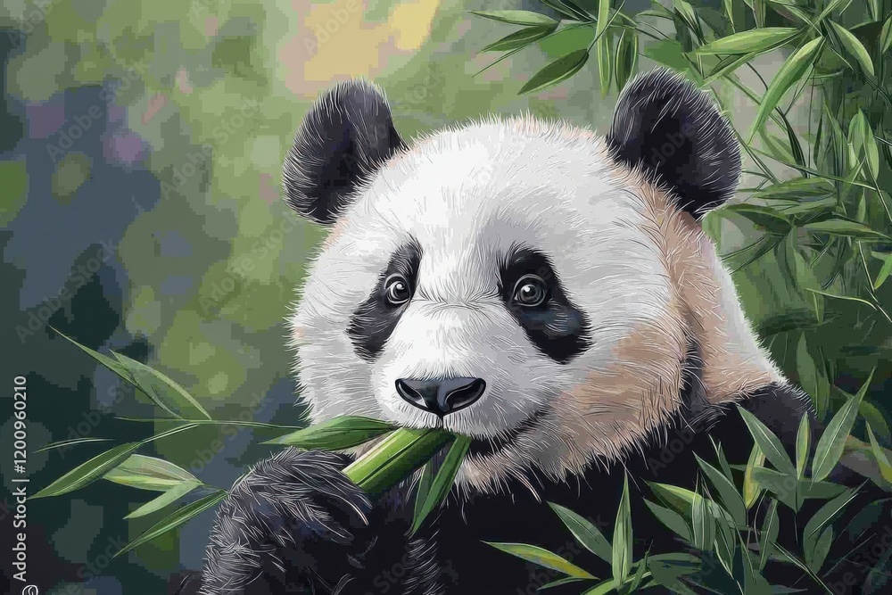Fototapeta premium A captivating close-up of a panda munching on bamboo, showcasing its playful nature and the lush greenery of its habitat.