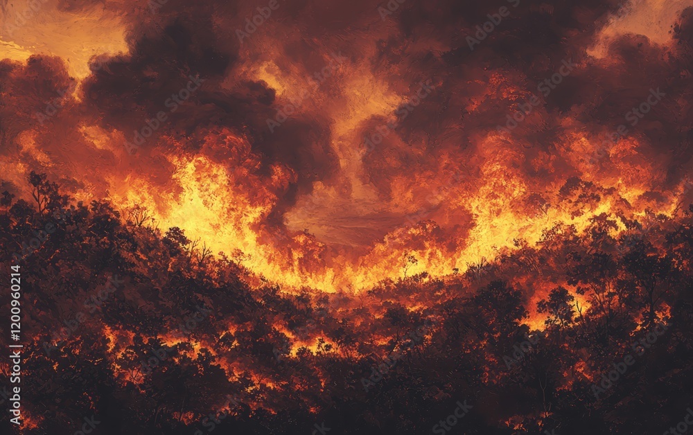 Naklejka premium A fiery inferno consuming a hillside forest, with thick clouds of smoke billowing upward