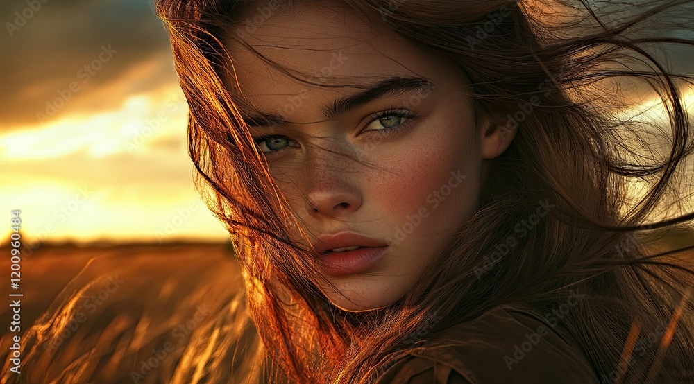 Fototapeta premium Beautiful girl with long hair blowing in the wind, sunlight and cloudy sky