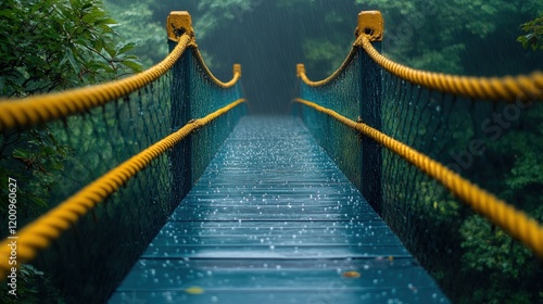 Rainy day, suspension bridge, jungle path. photo