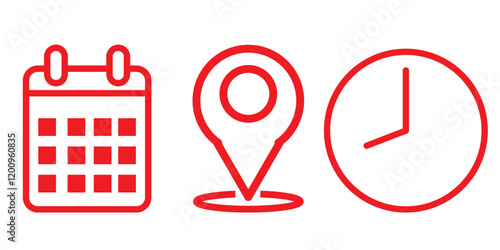 Location, Time, Date and notification icon vector. Address location pointer calendar and alarm bell icons collection.