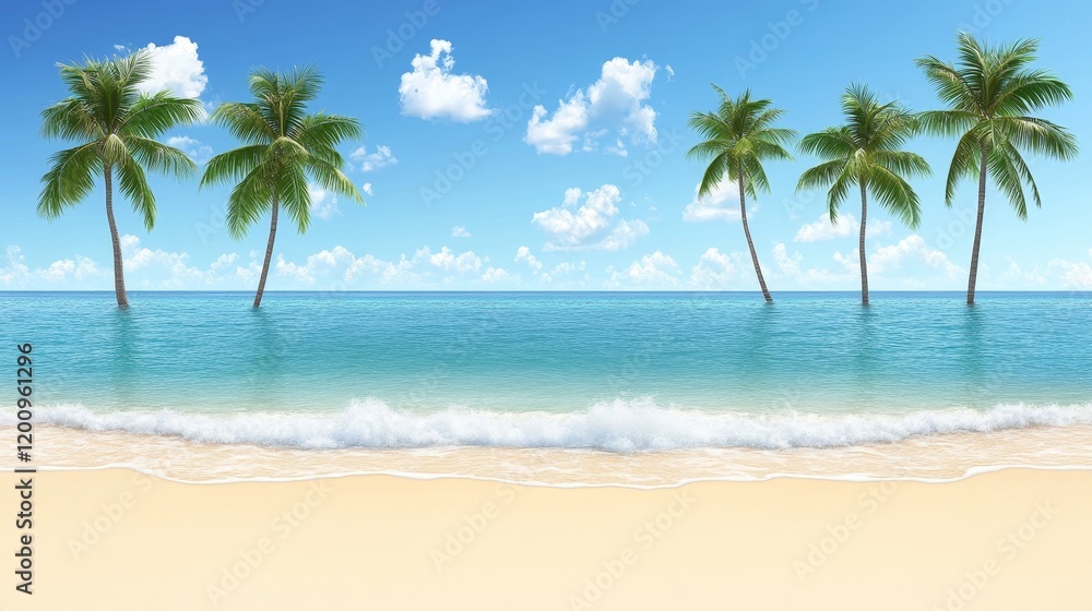 Idyllic tropical beach scene with palm trees, turquoise water, and gentle waves Idyllic tropical beach scene with palm trees, turquoise water, and gentle waves