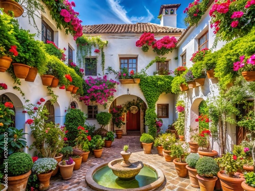 Andalusian Courtyard: Lush Plants, Central Fountain, Traditional Architecture