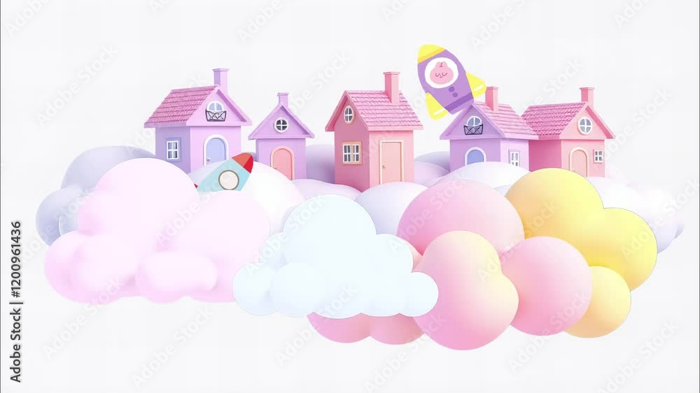 Rockets flying over houses on the clouds animation Rockets flying over houses on the clouds animation