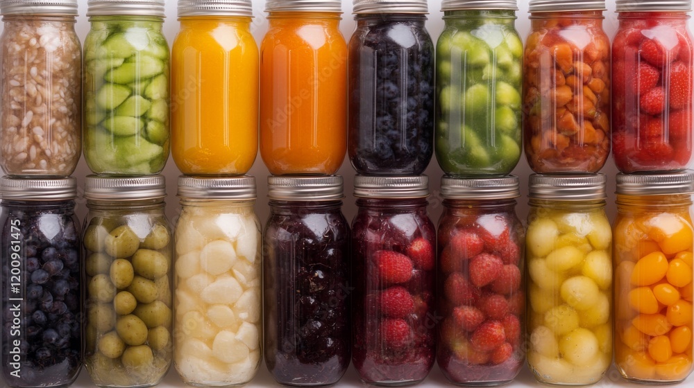 Colorful jars filled with various fruits, vegetables, and grains.