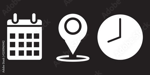 Location, Time, Date and notification icon vector. Address location pointer calendar and alarm bell icons collection.