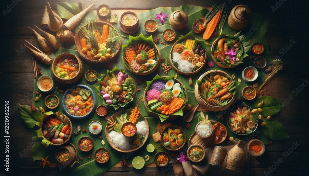 Fototapeta premium Top view of Thai dishes arranged on a banana leaf with bowls and utensils...Concept: Thai food, traditional cuisine, colorful meal, culture, food.