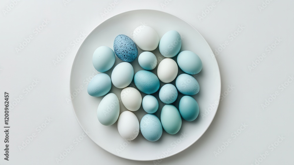 Monochromatic Easter eggs in shades of blue arranged on a minimalistic white plate. Monochromatic Easter eggs in shades of blue arranged on a minimalistic white plate.