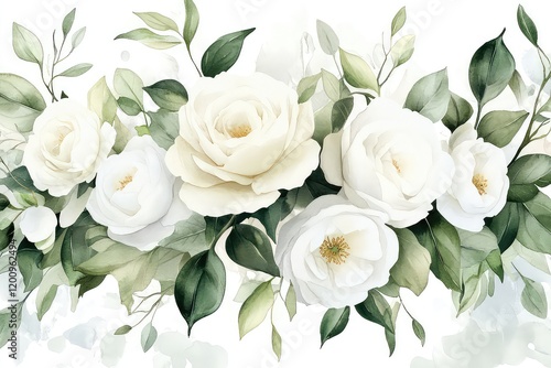 Fototapeta Naklejka Na Ścianę i Meble -  A graceful bouquet of white roses and peonies, painted in delicate watercolor with soft leafy accents.