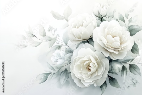 Fototapeta Naklejka Na Ścianę i Meble -  A graceful bouquet of white roses and peonies, painted in delicate watercolor with soft leafy accents.