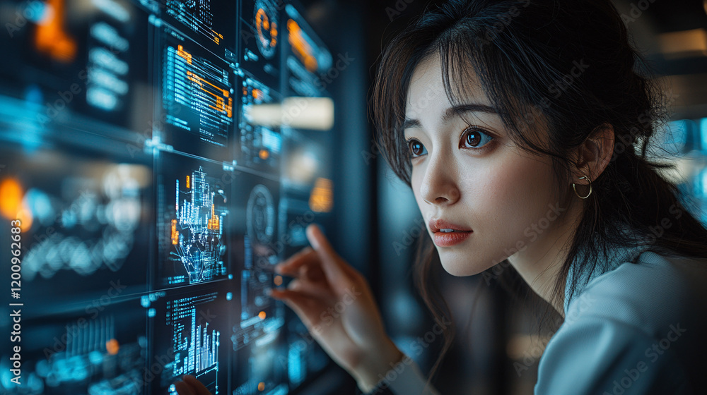 a woman looking at a display of data a woman looking at a display of data