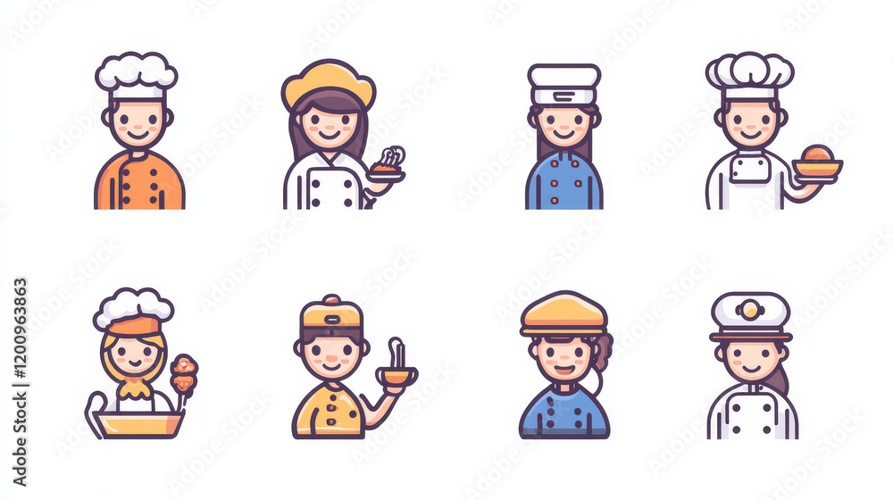 Food service profession flat icons with chefs, bakers in uniform tunics and hats and waiters in elegant vests with tie bows Food service profession flat icons with chefs, bakers in uniform tunics and hats and waiters in elegant vests with tie bows