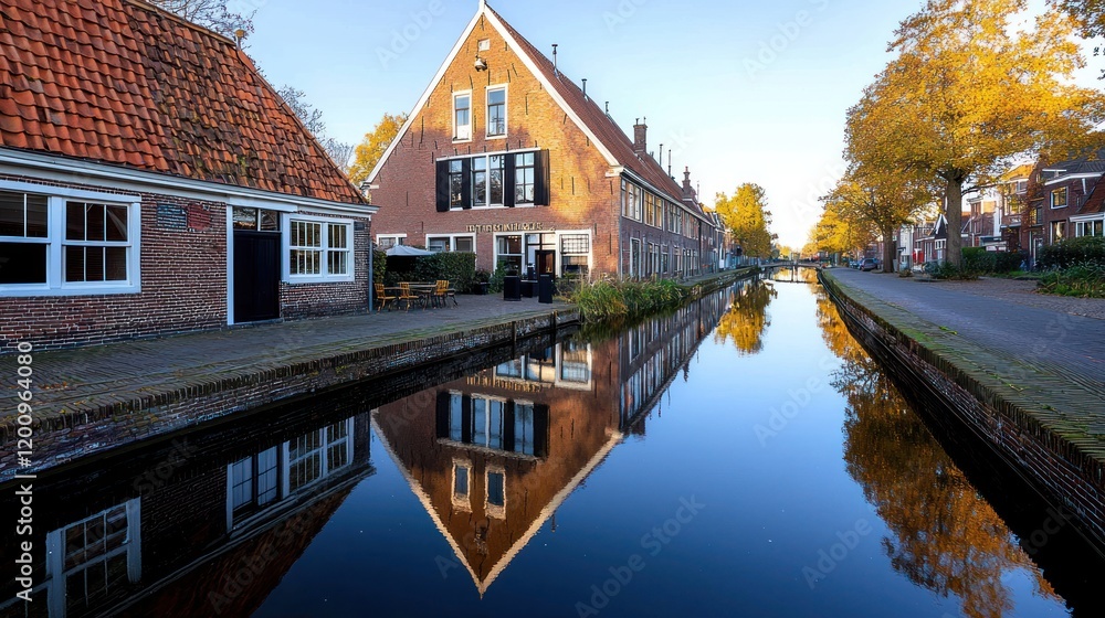 Obraz premium Tranquil canal scene with reflections and autumn foliage.