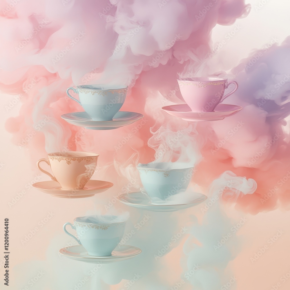 Floating Teacups Amidst Pastel Smoke Clouds Floating Teacups Amidst Pastel Smoke Clouds