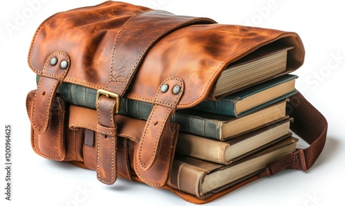 Leather satchel overflowing with vintage books.