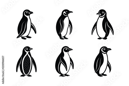 Penguin silhouette black set isolated on transparent background