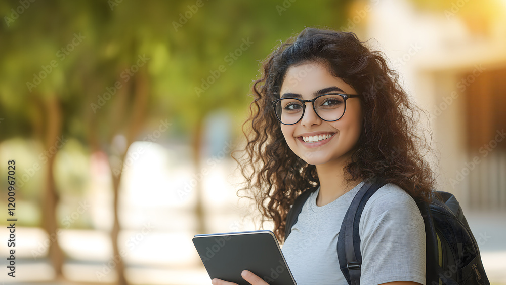 Fototapeta premium Indian college girl holding tablet at college campus. Young female college student with backpack and tablet