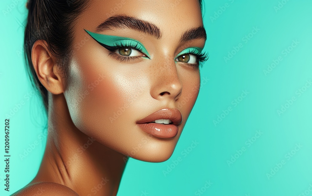 Fototapeta premium A radiant woman with bold eyeliner in emerald green, neutral lipstick, and glowing skin, set on a pastel turquoise background