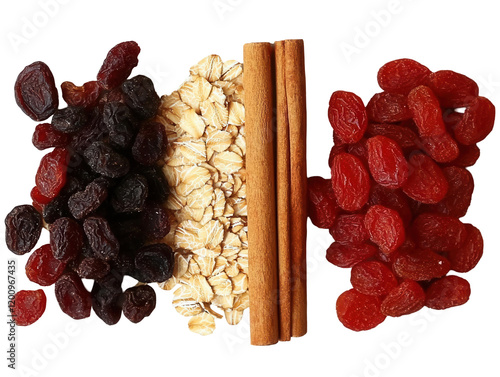 Colorful dried fruits and oats arrangement kitchen table food transparent background top view healthy snack ideas photo